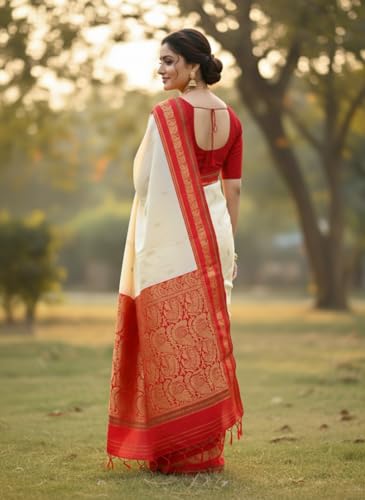 Vasthrlay Cream White Red Border Saree Latest Bengali Saree