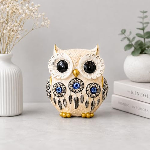 Owl Showpiece for Home Decor, Resin Figurine with Gold Detailing Lucky Evil Eye Owl Statue for Living Room