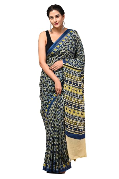 Jaipuria Hand Block Printed Pure Cotton Saree For Women With Unstitched Blouse Piece