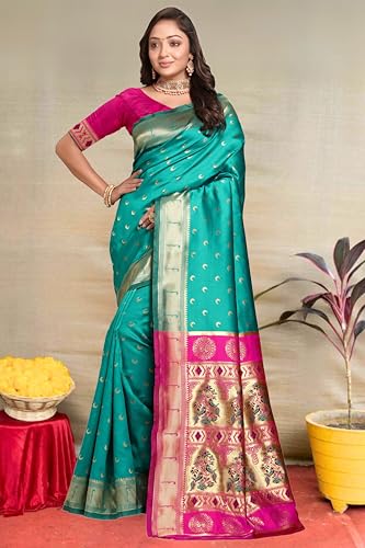 Vasthrlay Kanjivaram Chand Paithani Green Red Saree With Blouse Piece