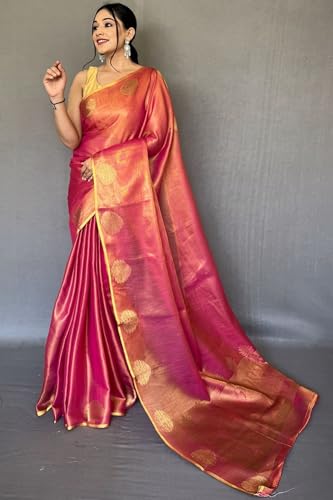 Vasthrlay Tissue Silk Pink Saree Golden Zari With Unstitched Blouse Piece