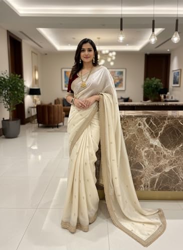 Vasthrlay Fendy Space Silk Cream Saree With Sequin Embroidery And Heavy Gold Fancy Fringes Lace Border