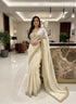 Vasthrlay Fendy Space Silk Cream Saree With Sequin Embroidery And Heavy Gold Fancy Fringes Lace Border