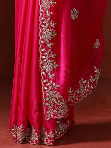 Sarha Women's Poly Silk Chamak Saree with Unstitched Blouse | Embellished Embroidered Work | Office Casual Elegant Drape | Pink