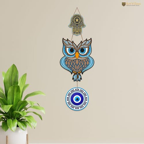 Artvibes Owl Shape Luck Prosperity MDF Wood Wall Hanger Ornaments For Vastu For Home Decoration