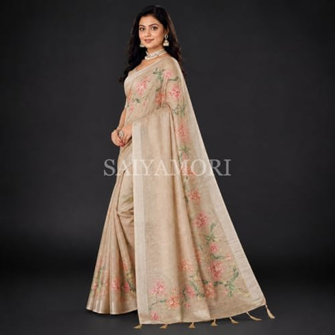Vasthrlay Cotton Linen Saree With Floral Print Soft Lightweight Ethnic Cream Saree With Unstitched Blouse Piece
