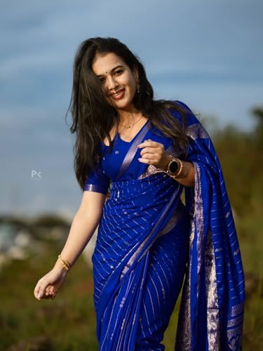 Vasthrla Blue Silk Blue Saree With Silver Zari Border Elegant Occasion With Blouse Piece