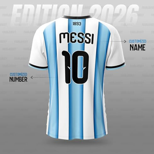 Yourjersey Argentina Home Football Jersey 2026 | White And Light Blue Custom Name & Number Print Fan Personalised T-Shirt Sizes | Kids And Adult