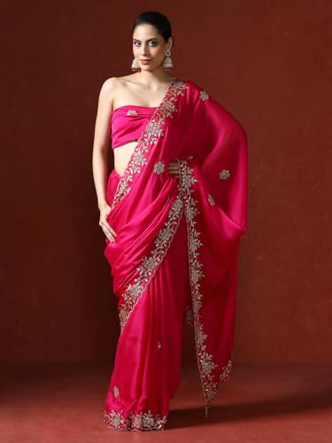 Sarha Women's Poly Silk Chamak Saree with Unstitched Blouse | Embellished Embroidered Work | Office Casual Elegant Drape | Pink