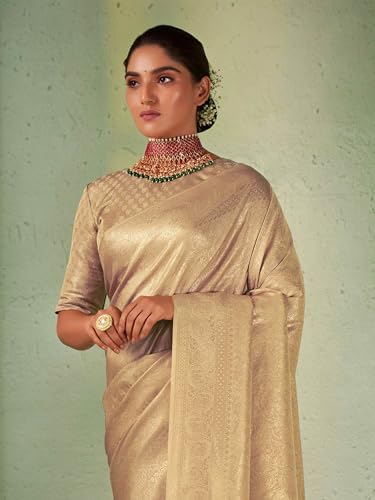 Vasthrlay Vardha Banarasi Art Silk Cream Saree With Jacquard Weave And Unstitched Matching Blouse Piece