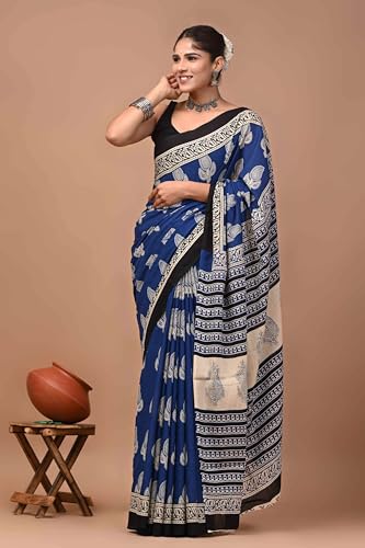 Vasthrlay Moda Hand Block Ajrakh Print Cotton Blue Saree With Blouse
