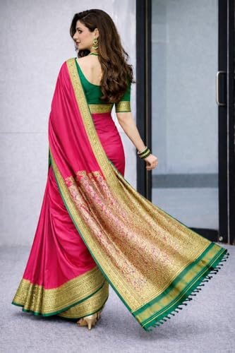 Vasthrlay Banarasi Satin Kanjivaram Pink Saree Mehndi Golden Zari Pure Soft Blend Silk Sari Satin Women Kanchipuram Silk