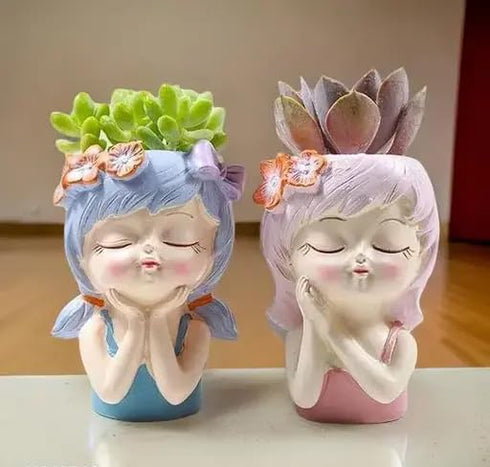 Vikarafty Set Of 2 Cute Head Girl Face Planter Pot Succulent Planter Little Girl Flower Pot