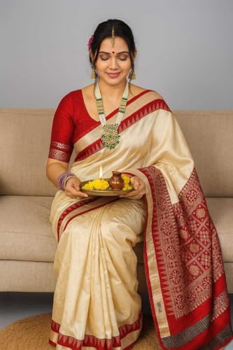 Vasthrlay Silk Saree For Women Tussar Cream Banarasi Garad Handloom Pure Kanjivaram Soft Beige Saree Red Saree
