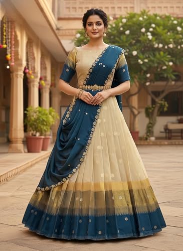 Vasthrlay South Indian Style Unstitched Half Saree Lehenga Choli Half Saree With Hand Work Dupatta - Pl245