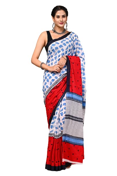 Jaipuria Hand Block Printed Pure Cotton Saree For Women With Unstitched Blouse Piece