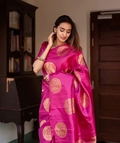 Vasthrlay Dark Pink Golden Kanjivaram Wedding Saree With Blouse