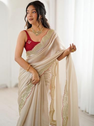 Vasthrlay Fancy Satin Solid Cream Saree With Gold Sequin Embroidered Scallop Border