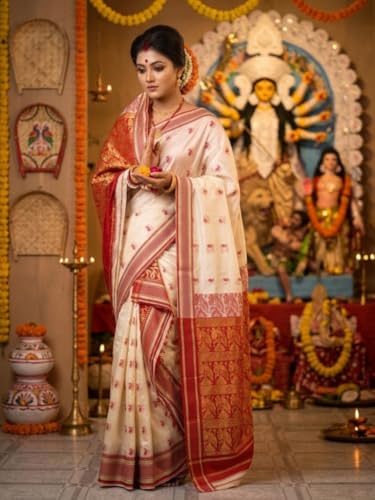 Vasthrlay Cream White Red Border Bengali Saree For Women Traditional Lal Par Sada Banarasi Silk Saree
