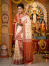 Vasthrlay Cream White Red Border Bengali Saree For Women Traditional Lal Par Sada Banarasi Silk Saree