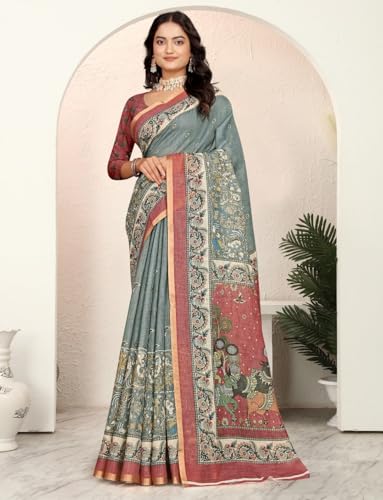 Vasthrlay Women's Cotton Kalamkari Wedding Saree With Blouse Piece