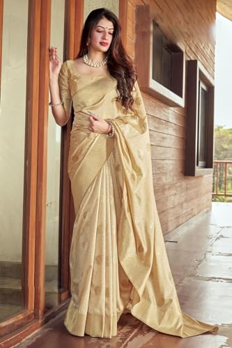 Vasthrlay Kanjivaram Pure Soft Silk Cream Saree Pure Golden Zari With Blouse Piece