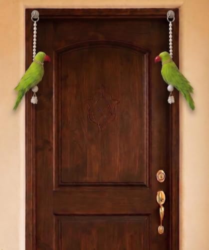 Parrot Hanging Ornament with Pearl Chain | Decorative Green Parrot Latkan with Red Beak
