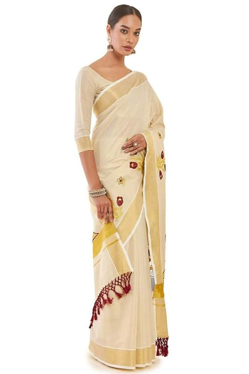 Vasthrlay Tissue Kasavu Embroidered Designs Borders