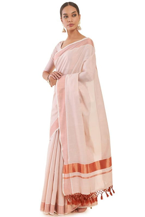 Vasthrlay Peach Tissue Kasavu Saree Borders