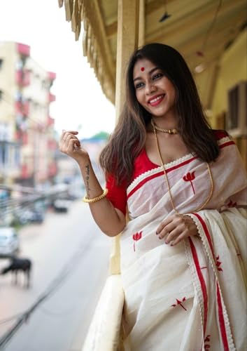 Vasthrlay Traditional Bengali Linen Red Floral Motifs And Border Saree With Matching Unstitched Attached Blouse