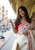 Vasthrlay Traditional Bengali Linen Red Floral Motifs And Border Saree With Matching Unstitched Attached Blouse