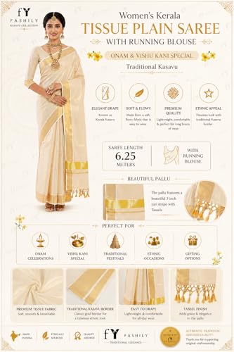 Vasthrlay Kerala Tissue Plain Cream Saree With Running Blouse Onamand Vishu Kani Special Traditional Kasavu White Colour