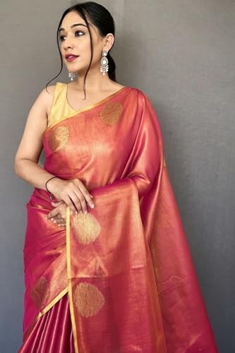 Vasthrlay Tissue Silk Pink Saree Golden Zari With Unstitched Blouse Piece