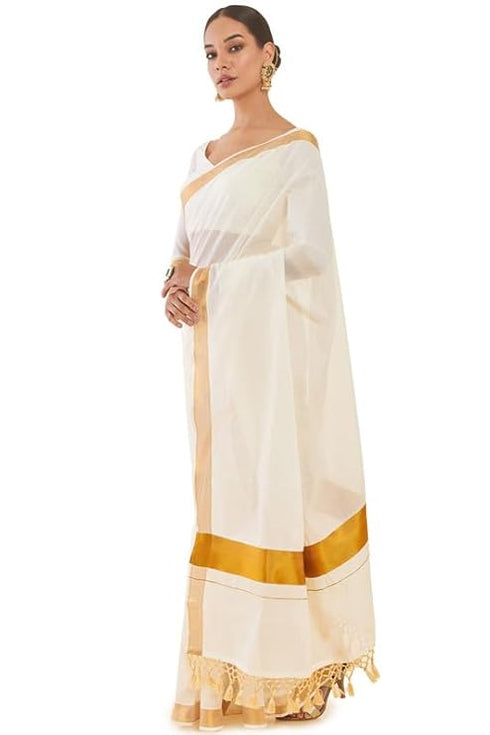 Vasthrlay White Cotton Kasavu Saree Borders