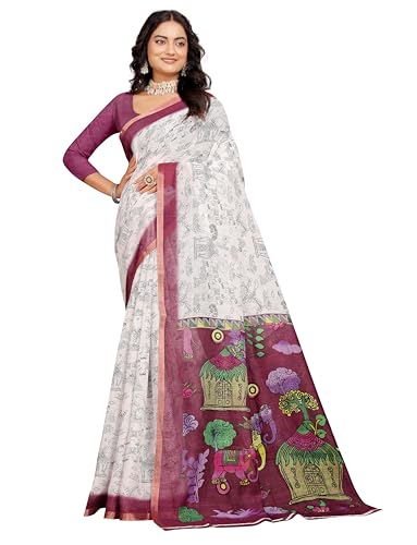 Vasthrlay Women's Cotton Kalamkari Wedding Saree With Blouse Piece