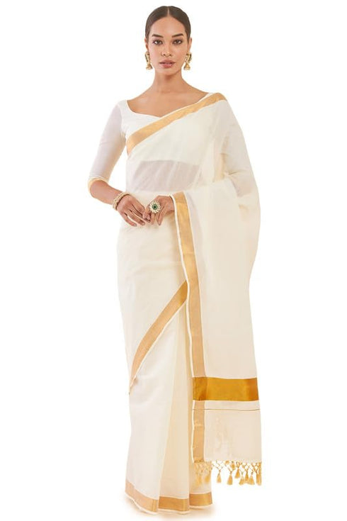 Vasthrlay White Cotton Kasavu Saree Borders
