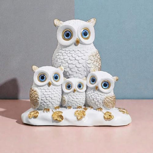 Decorative Owl Family Figurine Statue White with Gold Accents Four Owls Design