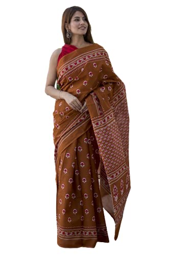 Jalther Handicrafts Women'S Ikat Hand Block Print Jaipuri Cotton Mulmul Saree