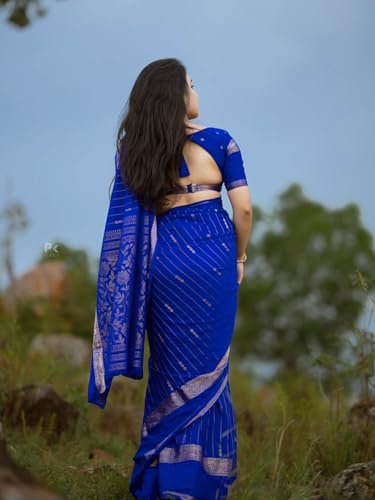 Vasthrla Blue Silk Blue Saree With Silver Zari Border Elegant Occasion With Blouse Piece