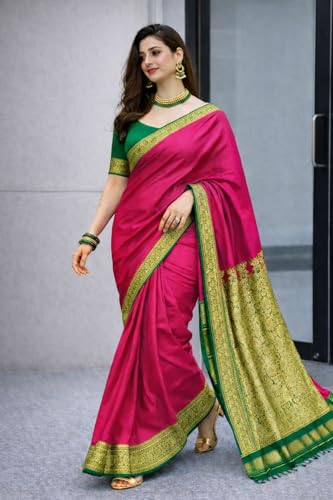 Vasthrlay Banarasi Satin Kanjivaram Pink Saree Mehndi Golden Zari Pure Soft Blend Silk Sari Satin Women Kanchipuram Silk