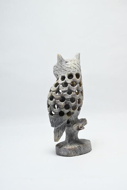 Natural Soapstone Owl Sculpture Hand Carved Jali Work Showpiece Figurine