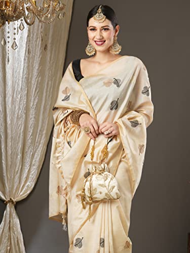 Vasthrlay Banarasi Silk Blend Embroidered Solid Border Cream Saree With Unstitched Blouse Piece