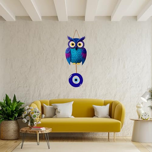 Blue Owl with Evil Eye Charm MDF Home Wall Decor MDF Wall Hanging