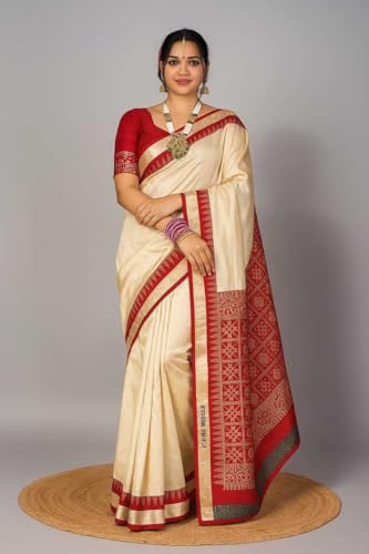 Vasthrlay Silk Saree For Women Tussar Cream Banarasi Garad Handloom Pure Kanjivaram Soft Beige Saree Red Saree