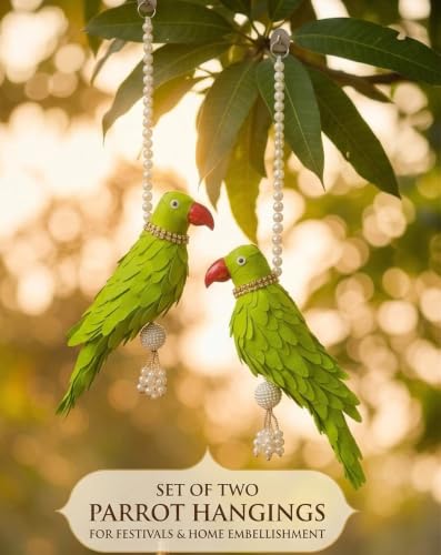 Parrot Hanging Ornament with Pearl Chain | Decorative Green Parrot Latkan with Red Beak