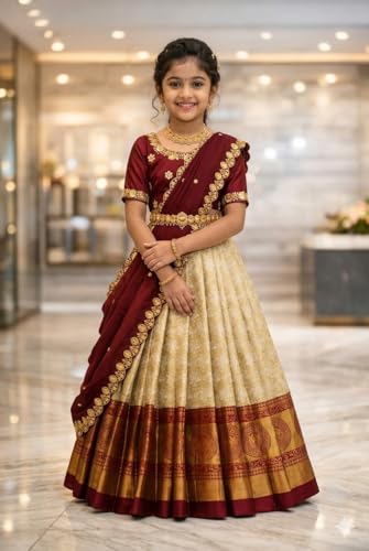 Vasthrlay White Button Half Saree South Indian Langa Voni Pattu Pavadai Lehenga Choli For Girls