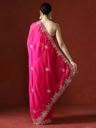 Sarha Women's Poly Silk Chamak Saree with Unstitched Blouse | Embellished Embroidered Work | Office Casual Elegant Drape | Pink