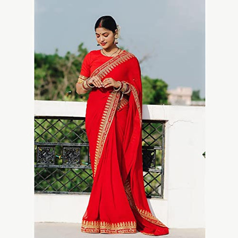 Vasthrlay Red Georgette Unstitched Saree