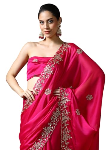 Sarha Women's Poly Silk Chamak Saree with Unstitched Blouse | Embellished Embroidered Work | Office Casual Elegant Drape | Pink