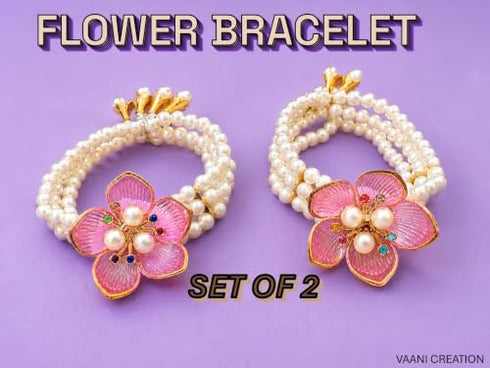 Handcrafted Floral Pearl Bracelet Premium Meenakari Work with Multicolour Stones Pink Pearl Flower Bracelet